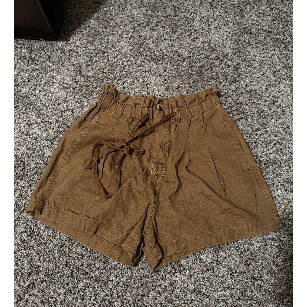 Zenana Paperbag Waist Cotton Shorts Brown Button Front Drawstring Size M